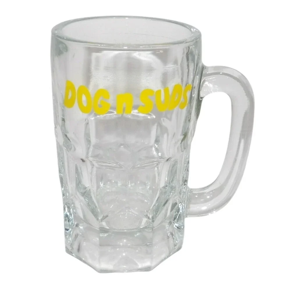 Vintage Dog n Suds Glass Beer Mug Stein Yellow Logo Paneled Faceted Base Clear